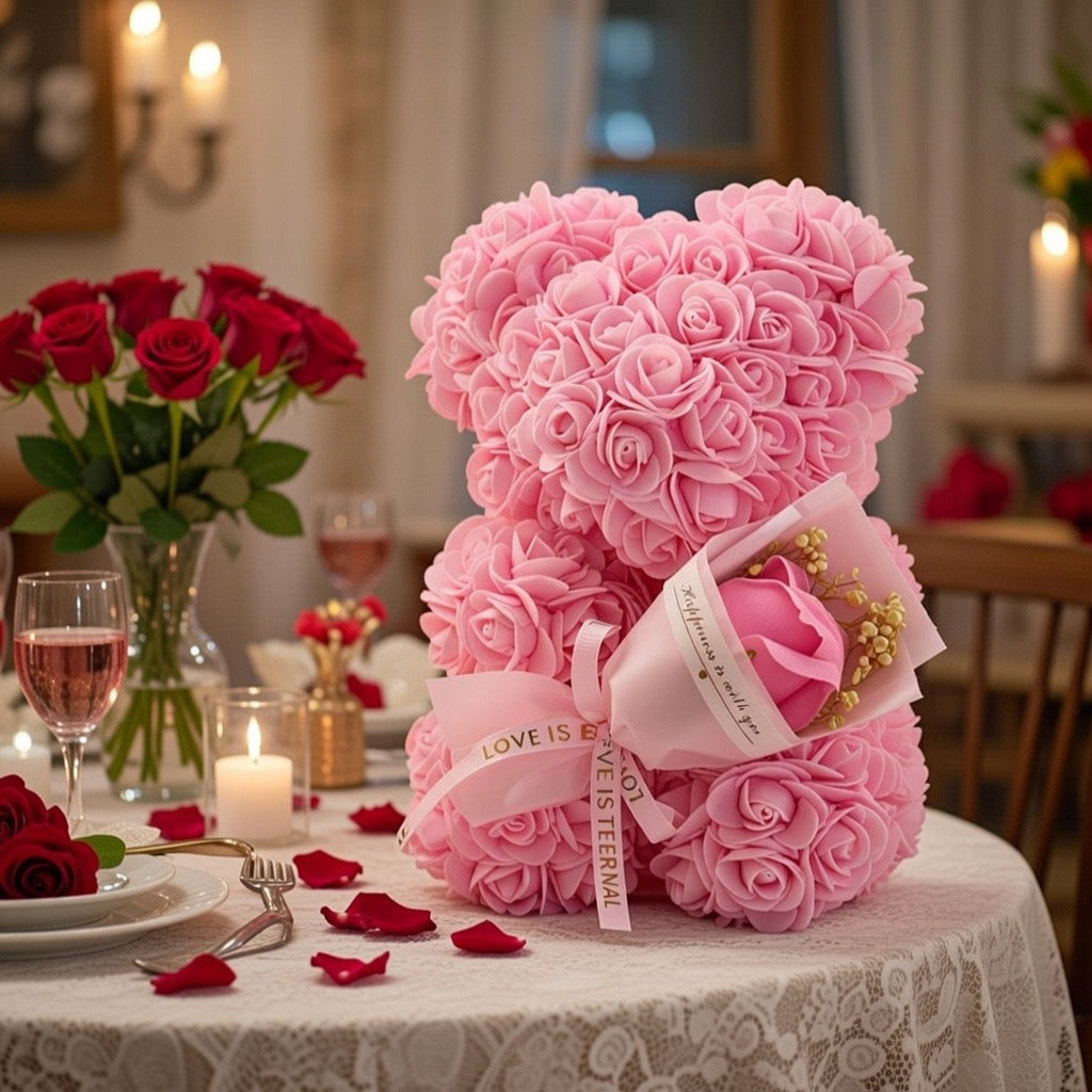 Ours en Rose avec Bouquet d'Amour