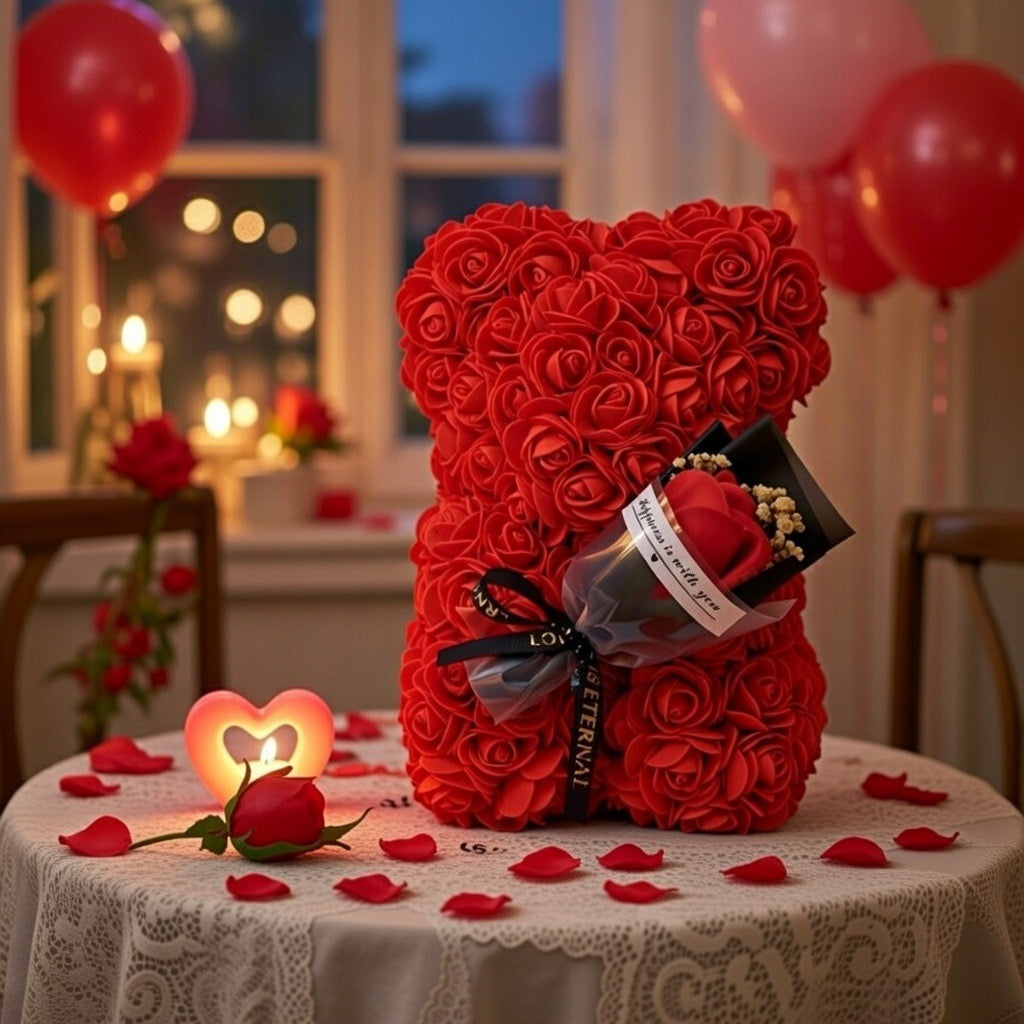 Ours en Rose avec Bouquet d'Amour
